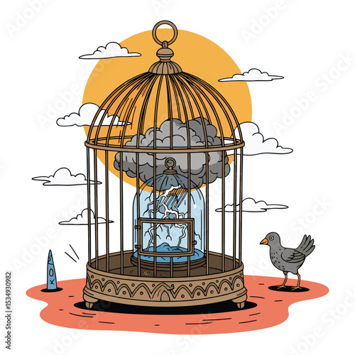 A birdcage traps a stormy sky, symbolizing confinement and oppression.