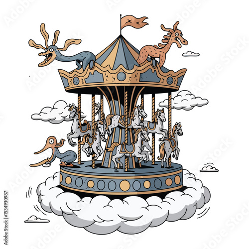 Whimsical carousel floats on clouds, surrounded by fantastical creatures.