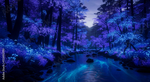 Enchanted blue forest glowing with bioluminescent trees at night
