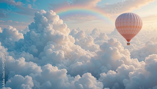 Peach-toned hot air balloon soars above fluffy clouds.