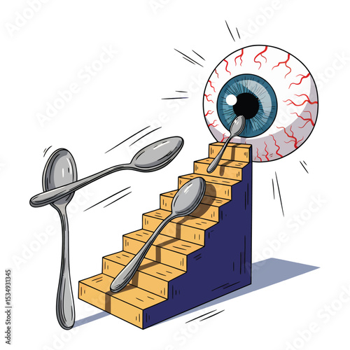 Spoons ascend a staircase towards a giant eye, one spoon throws another up the steps.