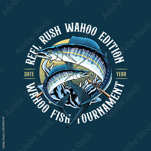Wahoo Fish in Colorful Vector Cartoon Illustration for sticker badge emblem t-shirt banner invitation	
