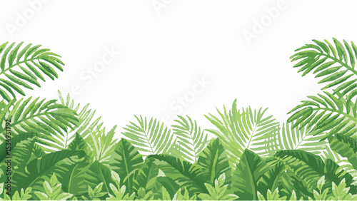 Lush tropical foliage with palm and banana leaves creating a vibrant green border against white space