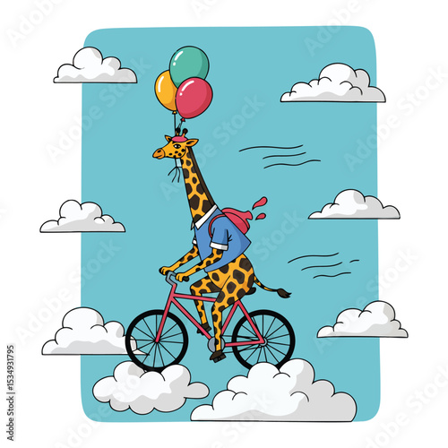 A whimsical giraffe riding a bicycle, floating amongst fluffy clouds with balloons.