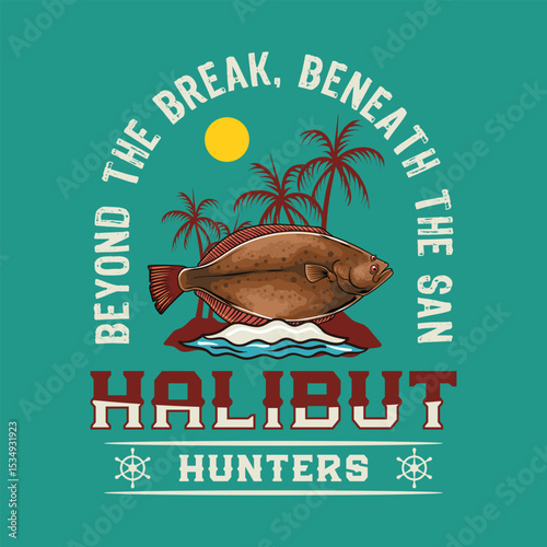 Halibut Fish Logotype in Colorful Vector Cartoon Illustration for sticker badge emblem t-shirt banner invitation	
