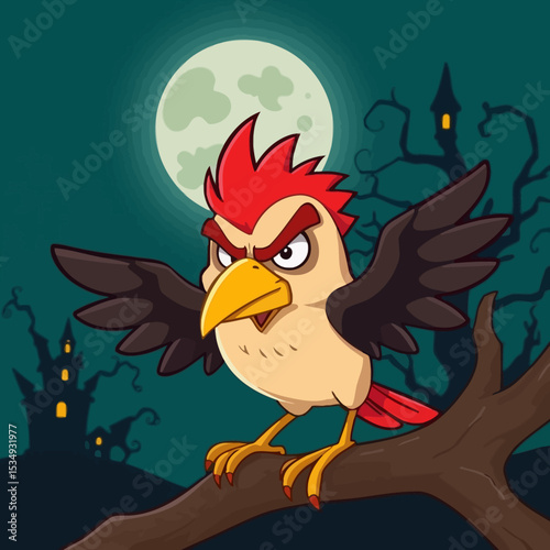 Angry cartoon bird halloween night scene