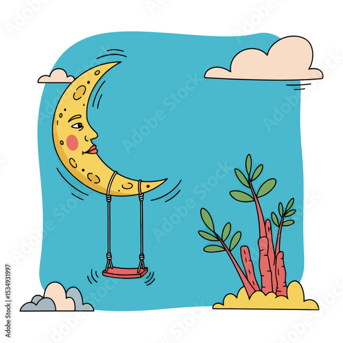 A whimsical illustration depicts a smiling crescent moon with a swing, clouds, and plants.