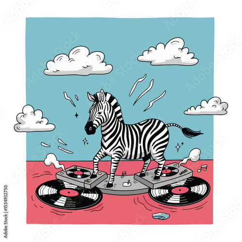 Cartoon zebra standing on turntables with vinyl records, against a blue sky with clouds.
