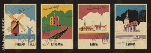 Finland, Lithuania, Latvia, Estonia Main Tourist Attractions Postcards, Olaf Church, Aland Island Windmills, Riga Castle, Gediminas Tower Illustrations. Retro Style Greeting Cards, Aged Paper Texture