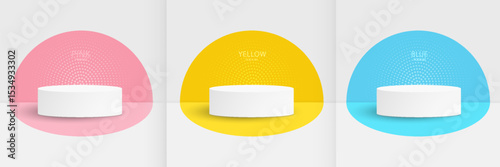 Set of 3D white product podium with blue, pink, yellow color in round backdrop. Abstract geometric composition in minimal design.vector eps10