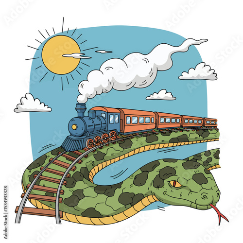 A vintage train rides atop a giant snake, a whimsical illustration of a fantastical journey.