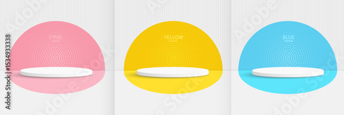 Set of 3D white product podium with blue, pink, yellow color in round backdrop. Abstract geometric composition in minimal design.vector eps10