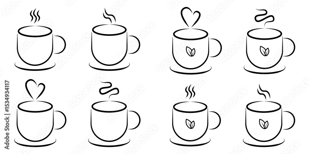 Fototapeta premium Hot Beverage Cup Line Art Icons Set with Steam and Leaf Details. A set of eight minimalist line art icons depicting hot beverage cups.