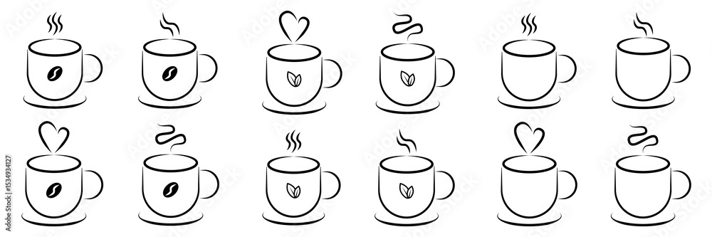 Obraz premium Coffee and Tea Cup Line Art Icons Set. A comprehensive set of twelve minimalist line art icons featuring hot coffee cups.