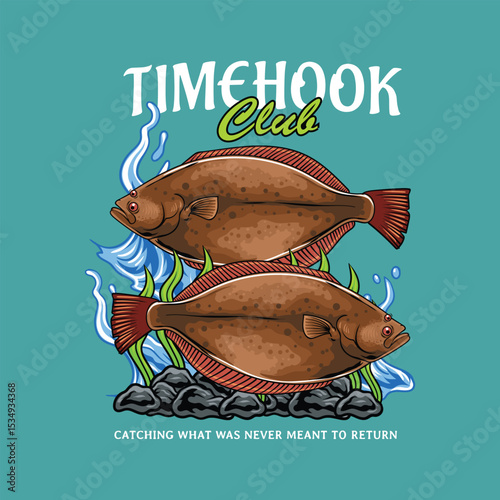 Halibut Fish Badge Colorful Vector Cartoon Illustration for sticker emblem t-shirt banner invitation