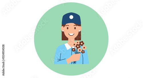 Smiling Woman in Uniform Holding a Bouquet of Flowers