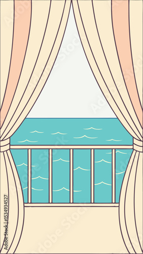 Window view of the ocean with curtains depicting a serene coastal scene