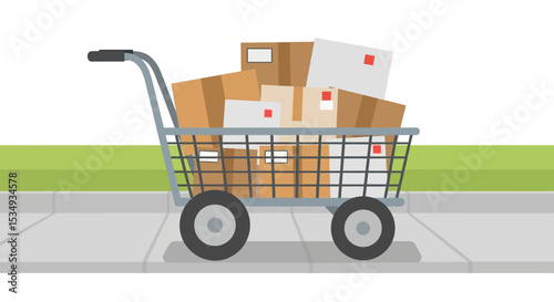 Efficient Package Delivery Cart Full of Parcels on Sidewalk