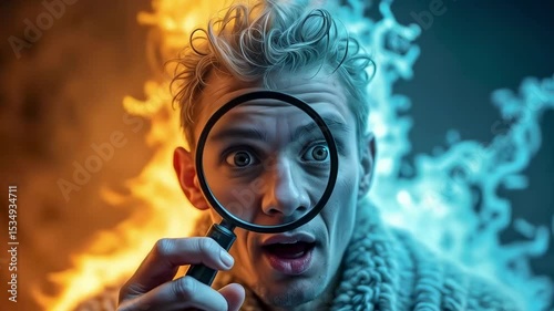 Professional brilliant detective examining evidence through magnifying glass.