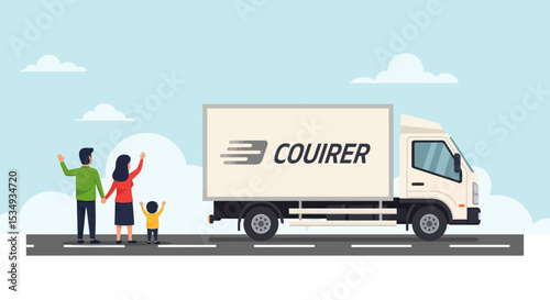 Family Waves Goodbye as Delivery Truck Departs