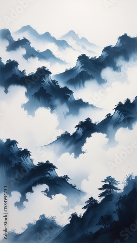 Serene blue mountains in misty landscape painting