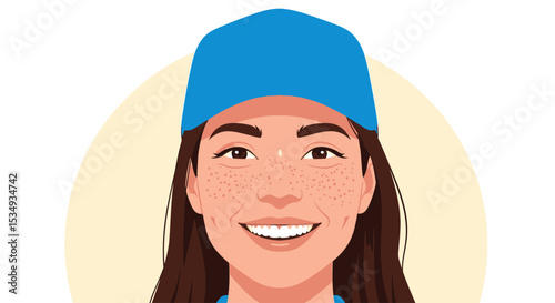 Happy Freckled Woman in Blue Cap Vector Illustration