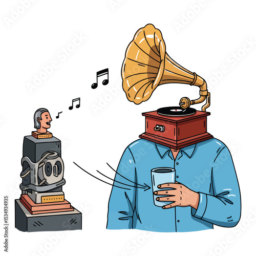 A person with a gramophone head listening to a statue singing musical notes.