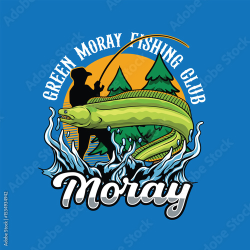 Green Moray Eel Badge Colorful Vector Cartoon Illustration for sticker emblem t-shirt banner invitation