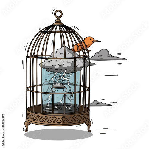 A caged storm with a bird perched above, symbolizing freedom.