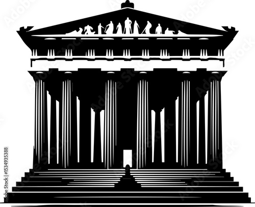 Ancient Greek temple illustration with tall columns and statues  