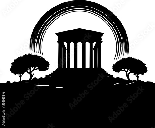 Ancient temple silhouette with trees and rainbow background  