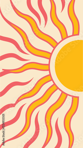 Abstract illustration of a bright sun with stylized wavy rays and vibrant colors