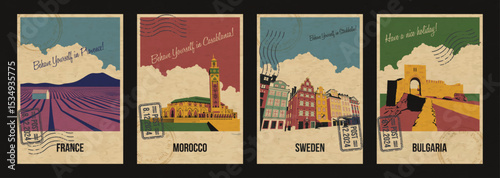 France, Morocco, Sweden, Bulgaria Main Attractions Postcard Set. Stockholm Old City, Kaliakra Fortress, Provence Fields of Lavender, Casablanca Mosque Illustrations. Retro Style Greeting Cards