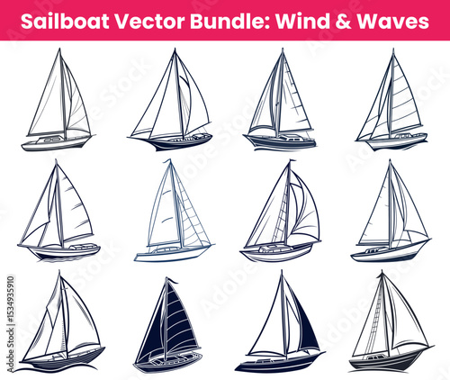 Collection of Stylized Sailboat Illustrations, Isolated on a White Background, Featuring Twelve Unique Vessel Designs