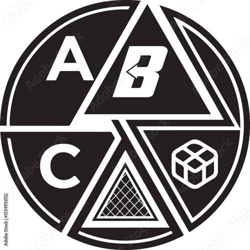ABC logo: A minimalistic monochrome emblem, combining geometric shapes and bold lettering, representing a conceptual or symbolic idea, with striking visual impact.