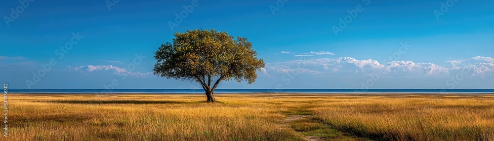 Fototapeta premium Mental detox in focus and wellness recovery concept. A solitary tree on a vast landscape under a clear blue sky.