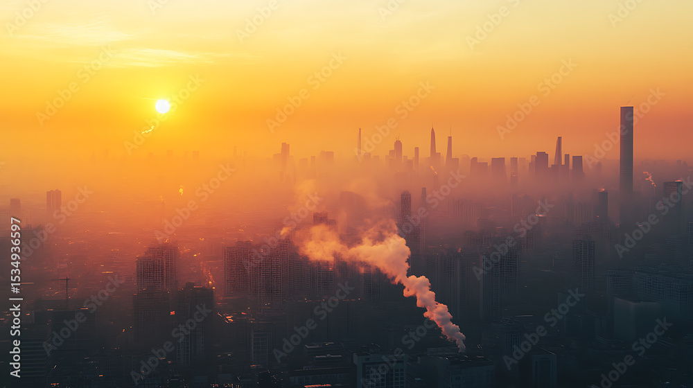 Naklejka premium Sunset Over a Hazy Urban Skyline with Visible Smoke Emissions