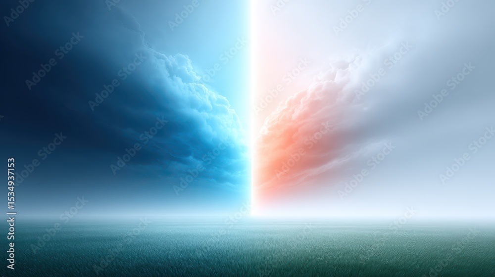A symbolic battlefield forming from storm clouds above peaceful land, transition of peace to chaos A symbolic battlefield forming from storm clouds above peaceful land, transition of peace to chaos