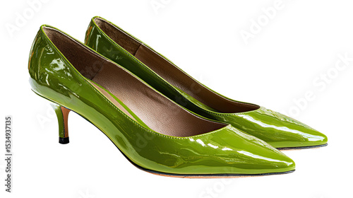 Pair of elegant green kitten heels shoes on transparent background