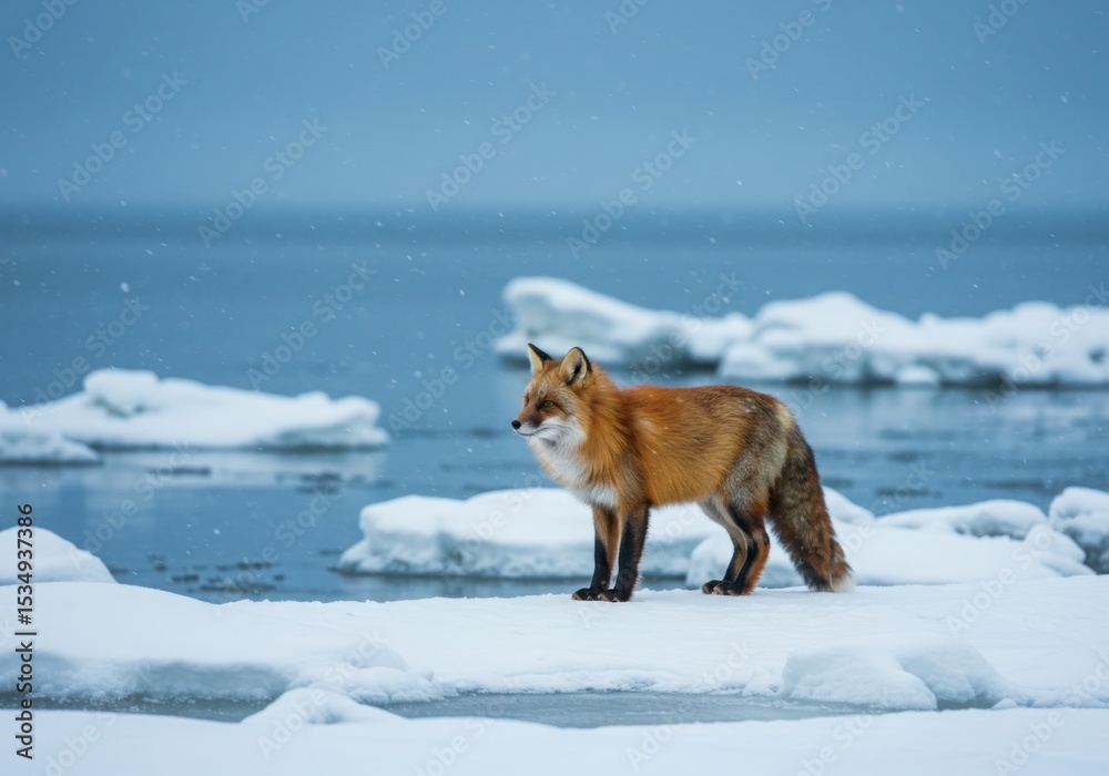 Fototapeta premium Red fox standing on ice in a winter landscape near the sea
