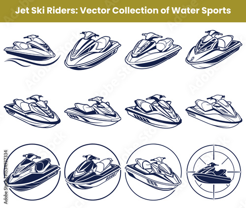 Collection of Jet Ski Illustrations in Blue Outline Style with White Background Variety