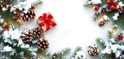 Snowy fir branches, pine cones, and a brown craft paper gift box form a festive Christmas frame on a snowy background ,  scene,  overhead