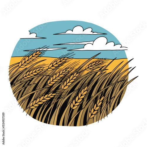 Golden wheat field gently swaying in a summer breeze under a partly cloudy sky.