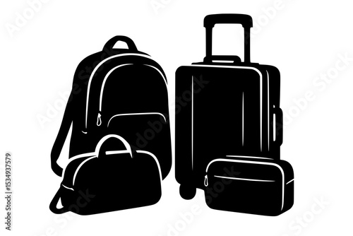Black silhouette of various bags on a transparent background
