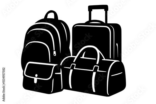 Black silhouette of various bags on a transparent background