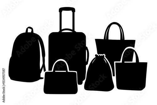 Black silhouette of various bags on a transparent background