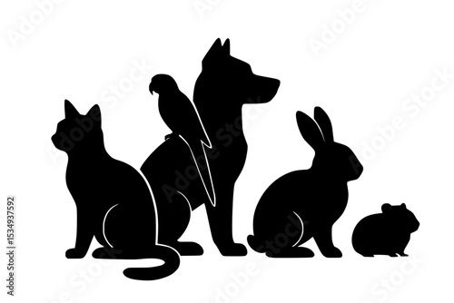 Various pets in silhouette including cat, dog, rabbit, and bird  