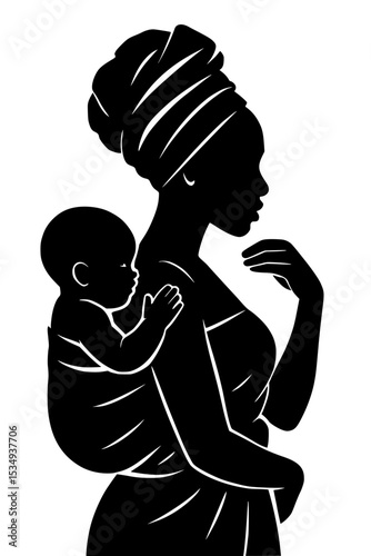 Mother carrying baby on back in traditional wrap with profile view  