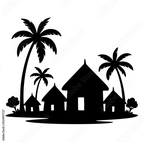 Tropical village with palm trees and thatched-roof huts in silhouette  