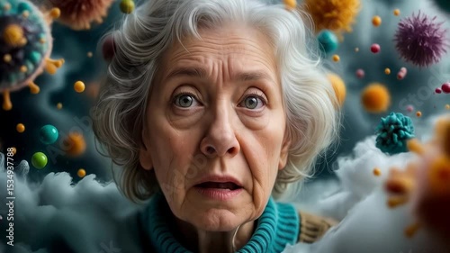 Old and scared woman surrounded by cloud of colorful germs, viruses or bacteria, pandemic concept
